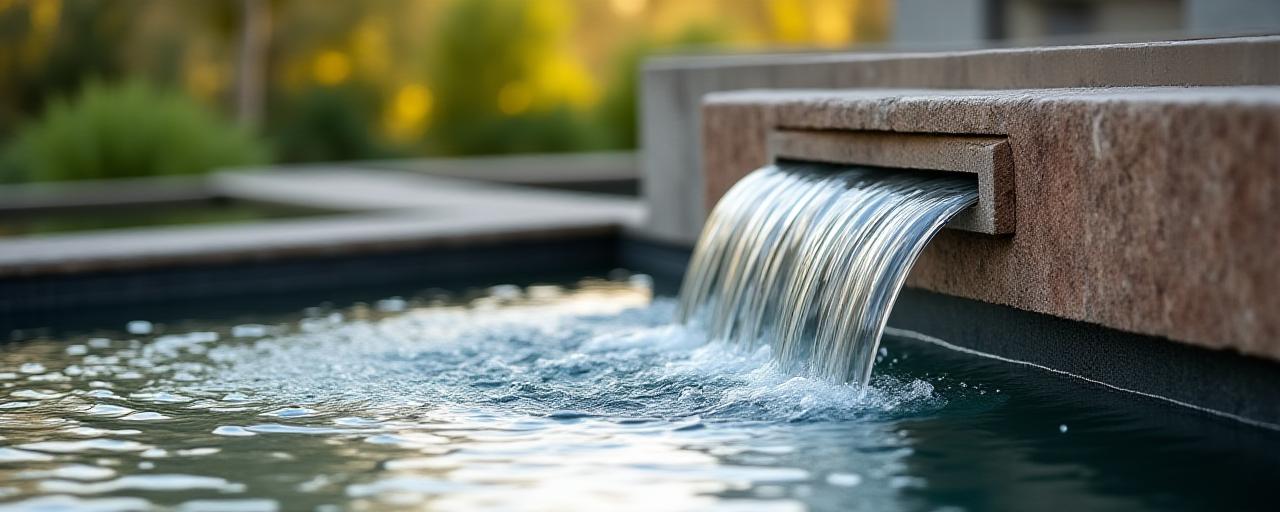 Close-up of a high-end architectural fountain and soft landscaping
