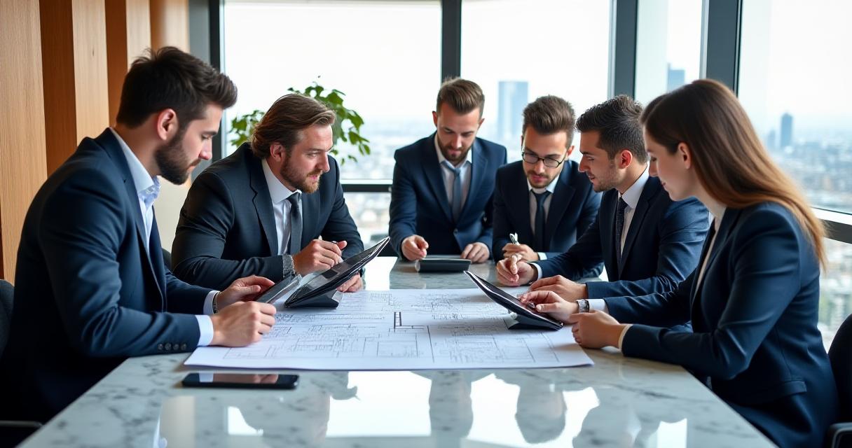 A group of professional investors reviewing property data in a bright, modern UK office space
